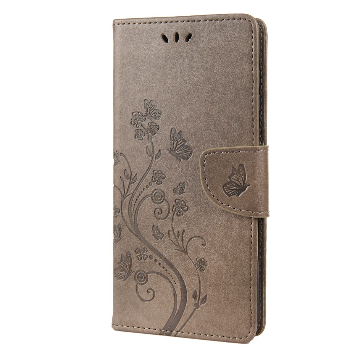 Braune Handyhülle mit floralem Design, offen. Schmetterlinge und Blumen sind vorne geschnitzt.