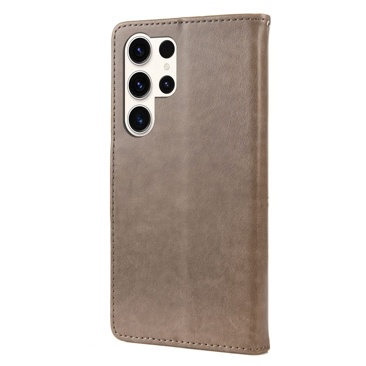 Eine braune Folio-Handyhülle, offen, mit einem Telefon darin. Mehrere Kameras.