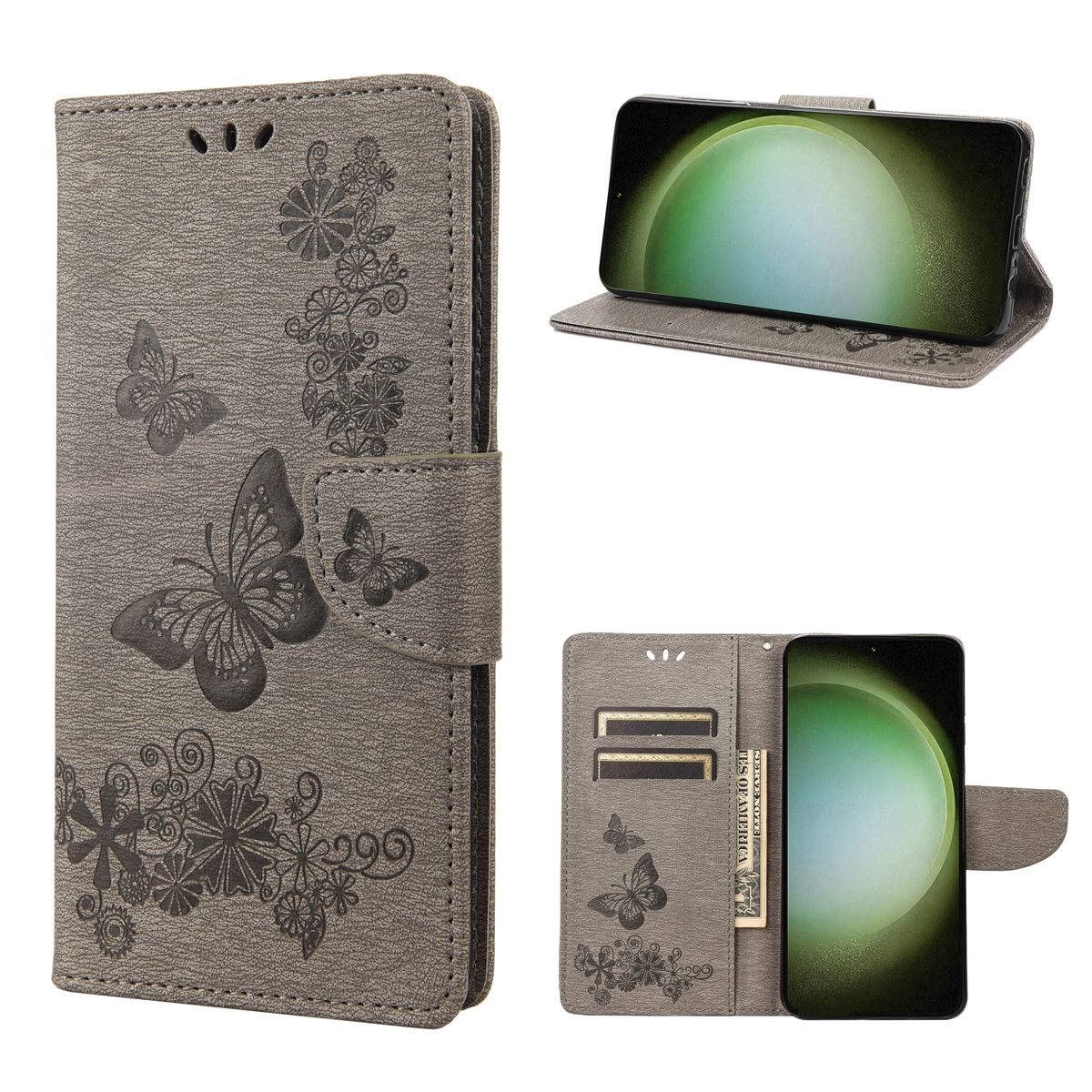 Graue Handyhülle, offen, mit Schmetterlings- und Blumendesign. Telefon ist innen sichtbar.