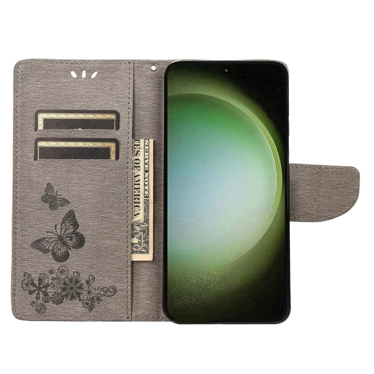 Geöffnete Handyhülle mit Schmetterlingsdesign und Geldschein. Telefonbildschirm sichtbar.