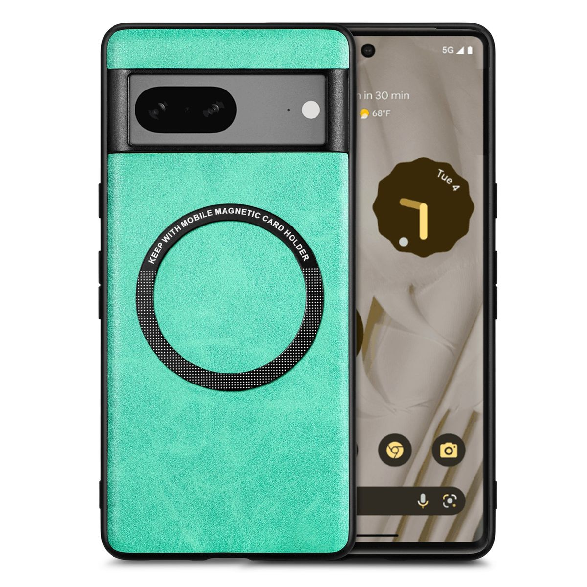 Grüne Telefonhülle mit magnetischem Kartenhalter. Telefon zeigt Zeit und Wetter.