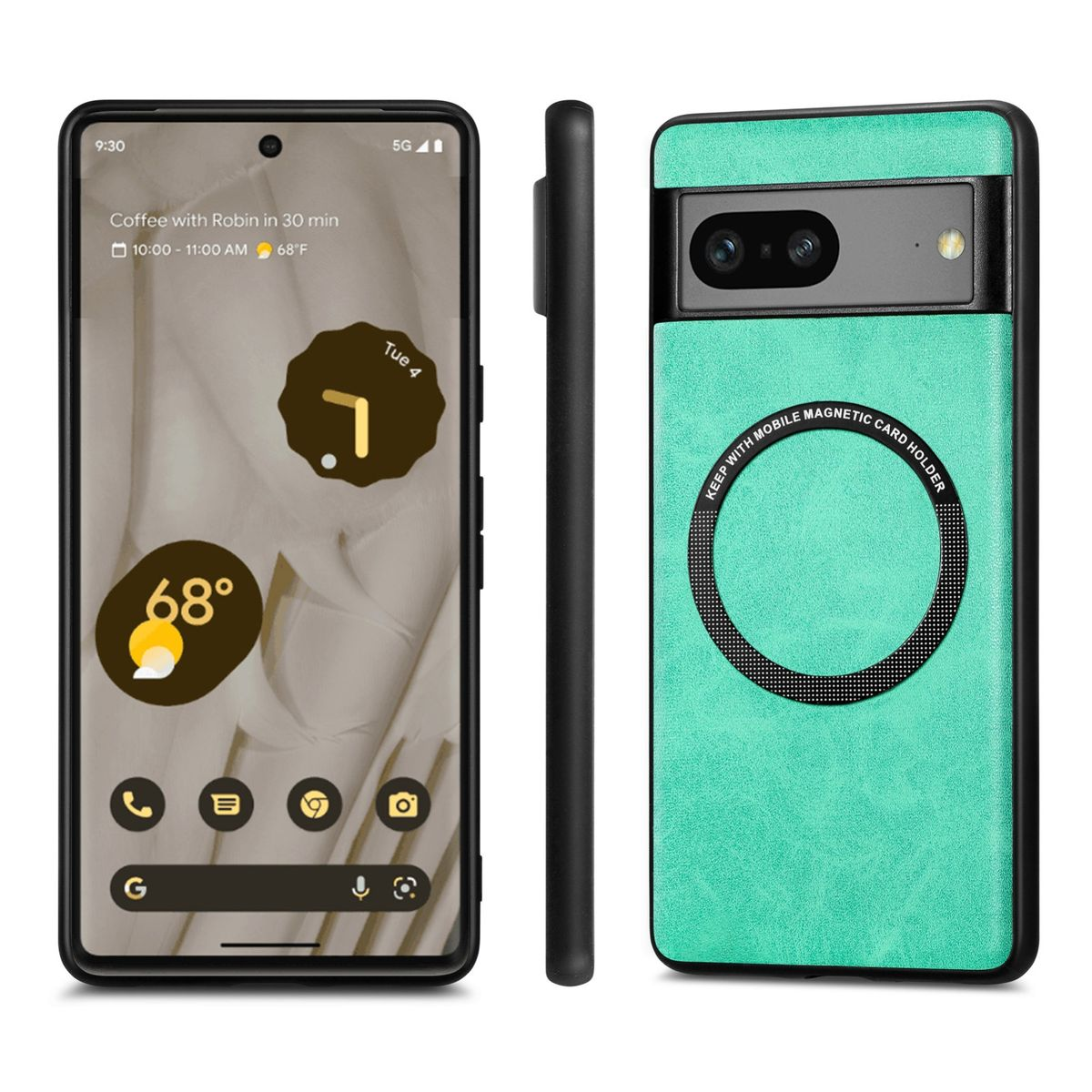 Smartphone mit grüner Hülle. Das Telefon ist schwarz und hat ein Display.