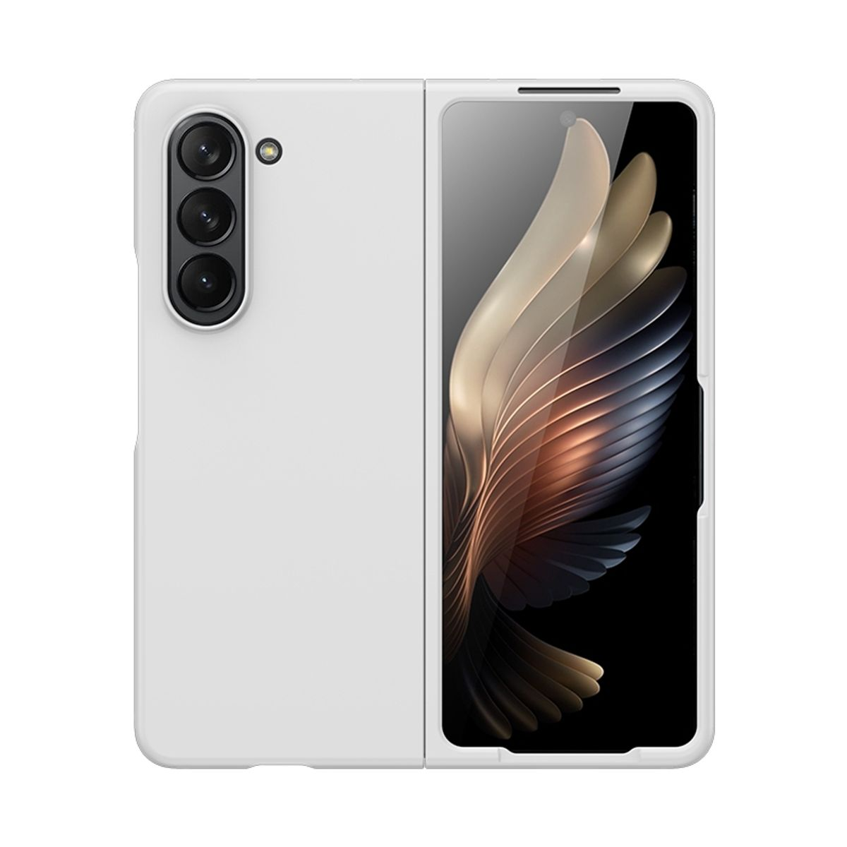 Ein weißes Telefon mit faltbarem Bildschirm. Das Telefon ist geöffnet und zeigt einen Bildschirm mit goldenem Design.