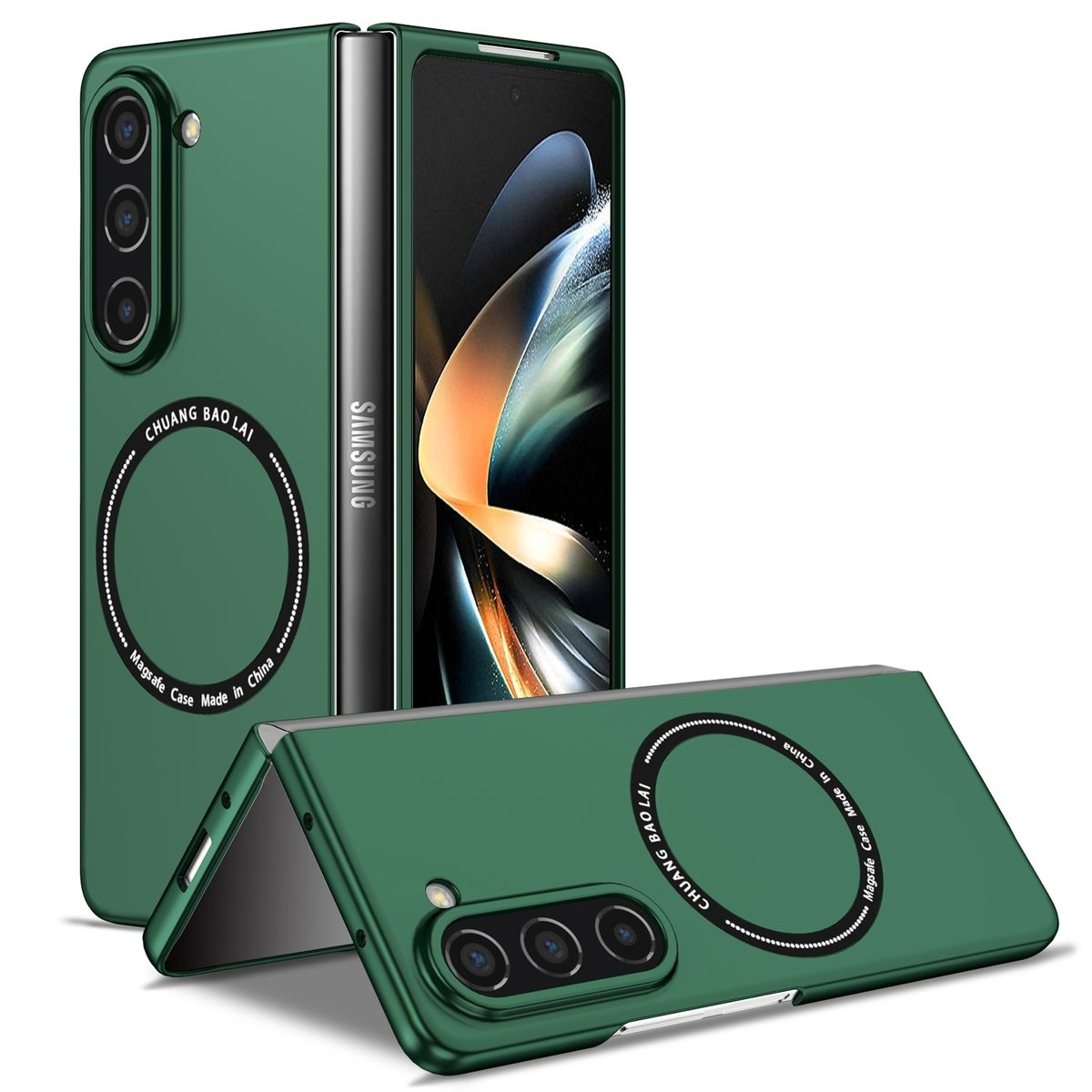 Grüne Handyhülle, offen, zeigt ein Telefon mit Samsung-Logo. Die Hülle liegt auf einer Oberfläche.