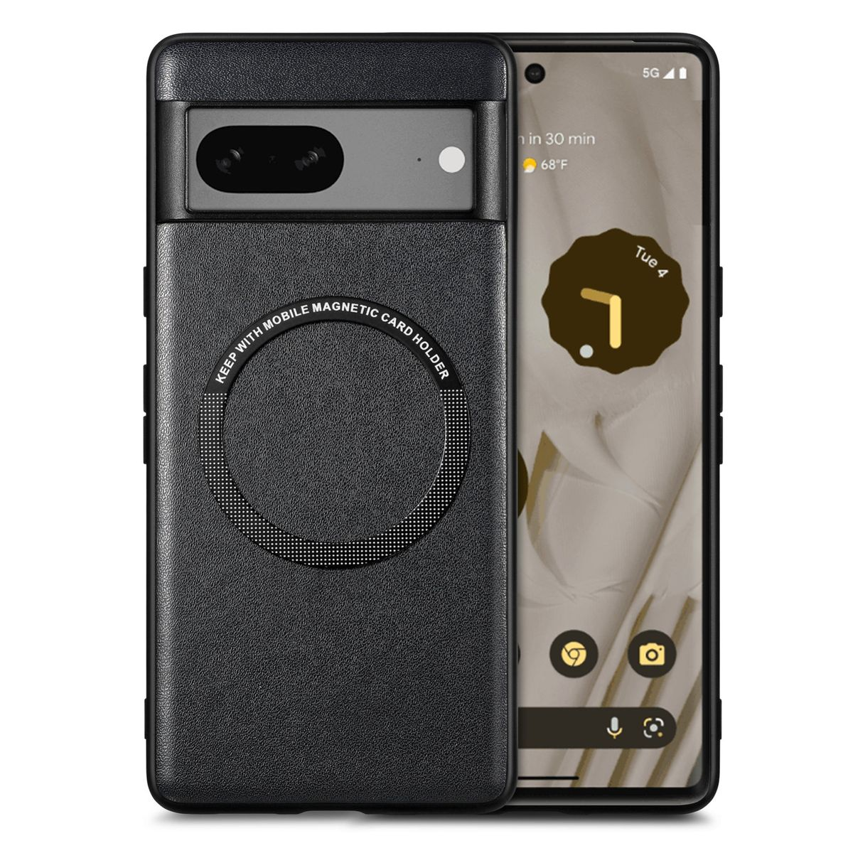 Schwarze Handyhülle mit angebrachtem Kartenhalter. Mit einem Telefon mit eingeschaltetem Display.