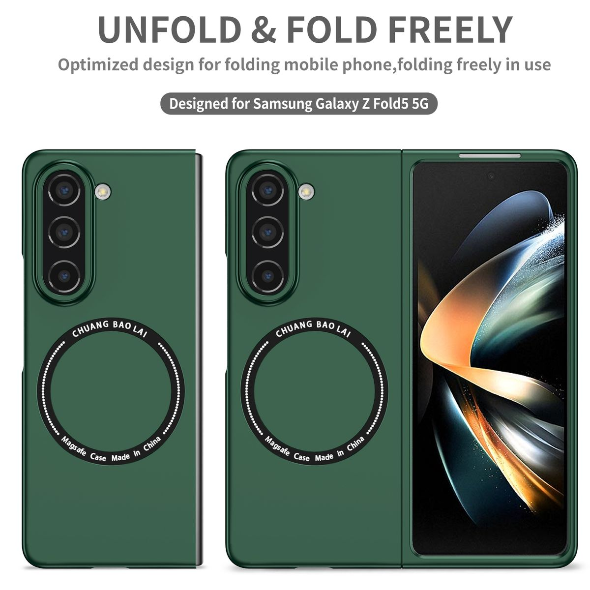 Grüne Handyhülle für Falt-Handy, offen und geschlossen.