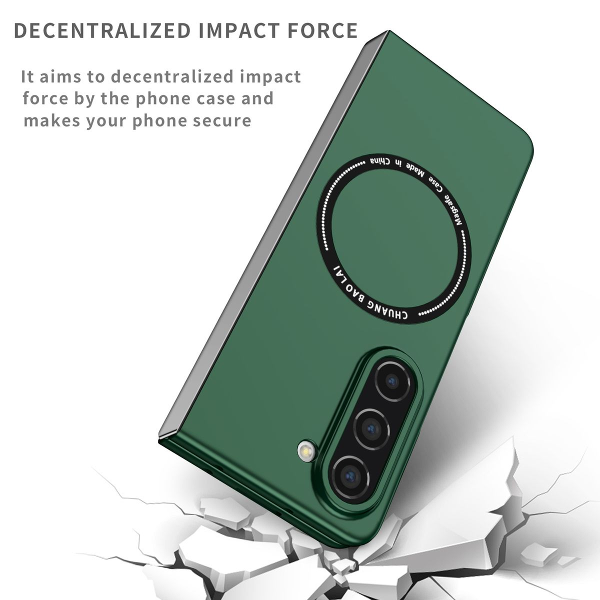 Grüne Handyhülle. Weißer Text: 'Decentralized impact force'. Hülle auf zerbrochener Oberfläche.