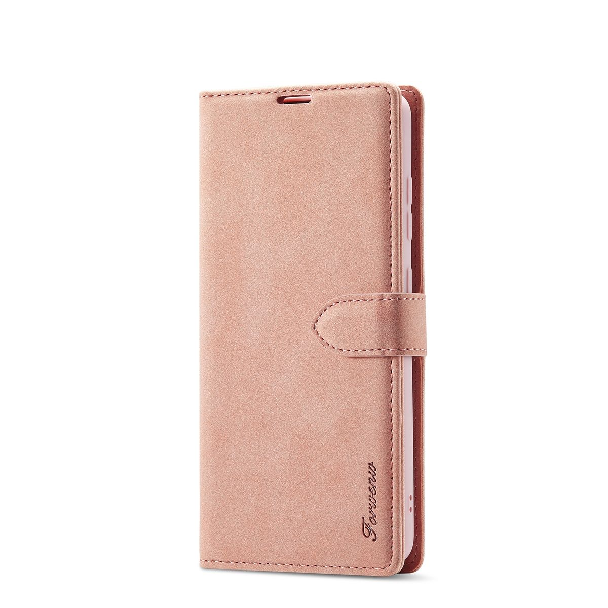 Eine rosa Handyhülle, geschlossen, mit einem Telefon darin. Die Hülle hat einen Verschluss und ein Logo.