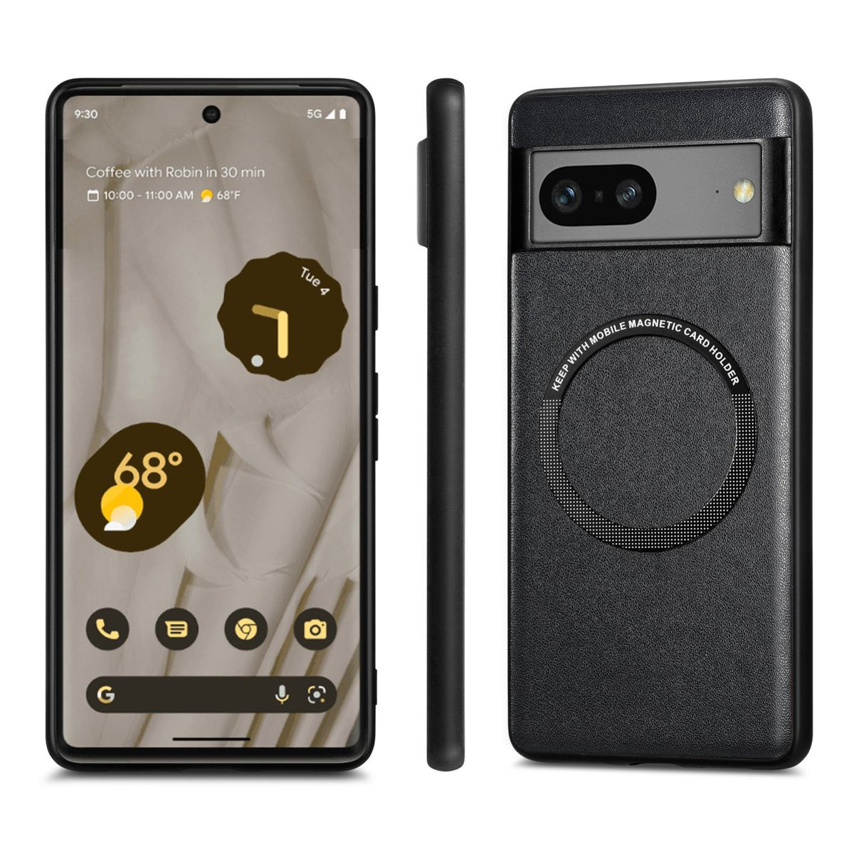 Schwarzes Telefon mit schwarzem Gehäuse. Seitenansicht und Vorderansicht.