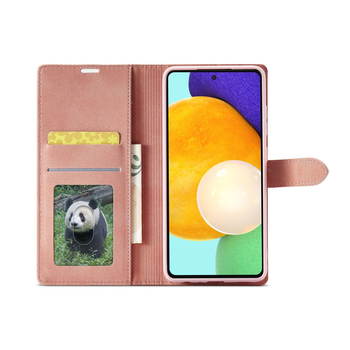 Rosa Handyhülle mit Pandabild und Kartenfächern. Das Telefon zeigt ein farbenfrohes Bild.