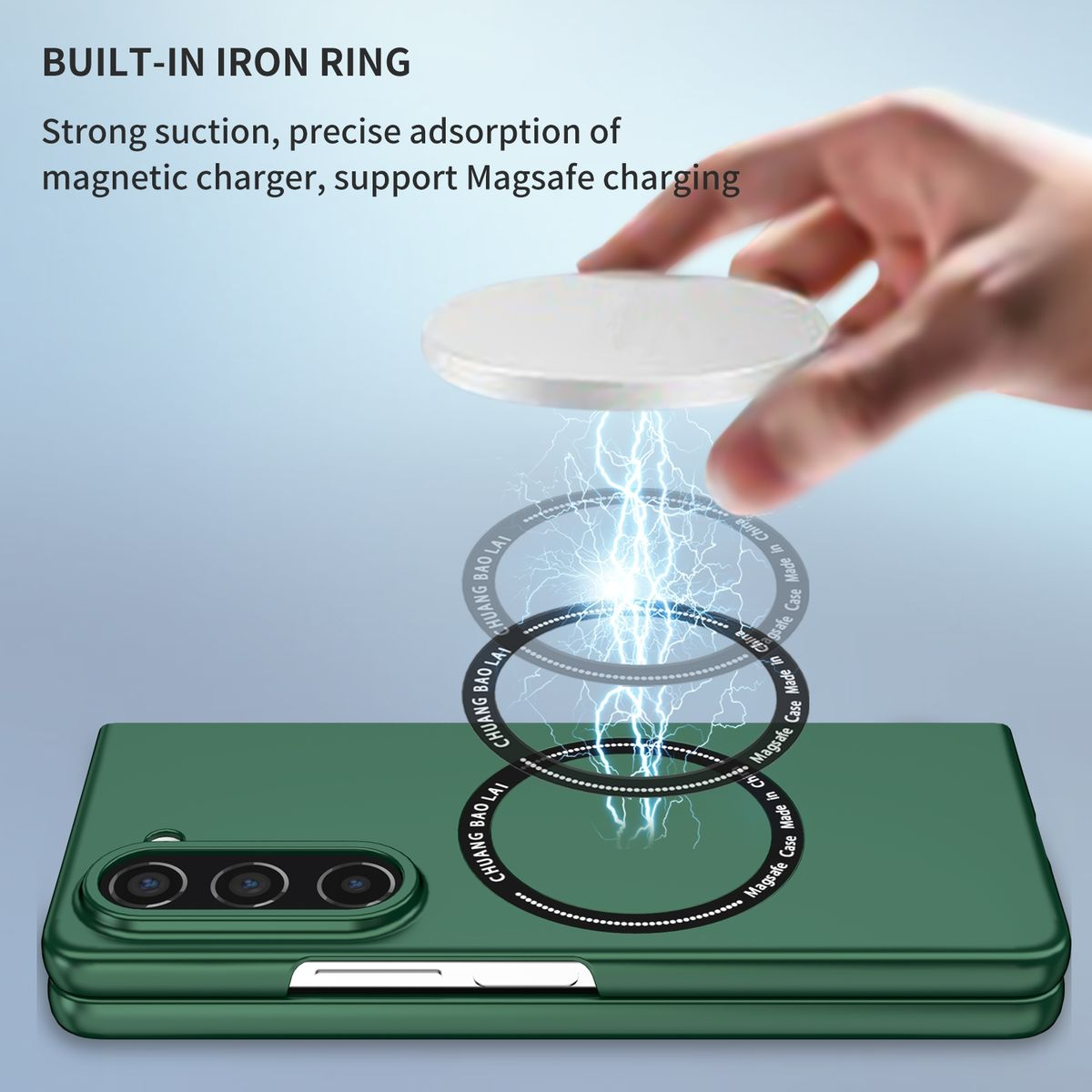 Grüne Handyhülle mit Magnetring auf der Rückseite. Eine Hand platziert ein Ladegerät auf der Hülle.