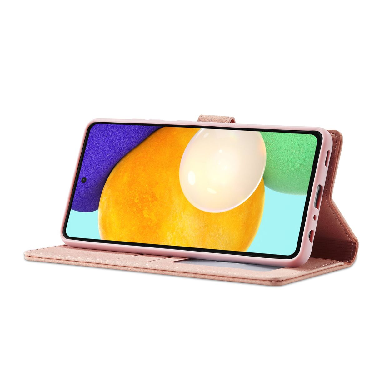 Rosa Handyhülle mit Telefon. Das Telefon ist schwarz und hat einen bunten Hintergrund. Die Hülle ist offen.