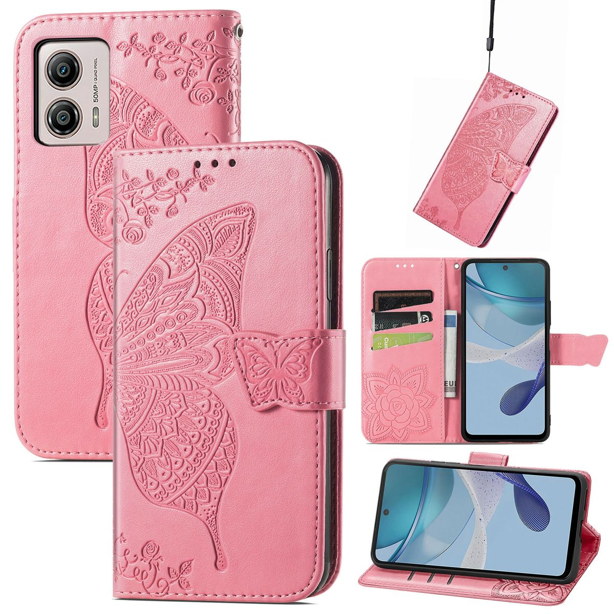 Rosa Handyhülle mit Schmetterlingsdesign. Mehrere Ansichten: geschlossen, offen mit Telefon und Brieftaschenstil.