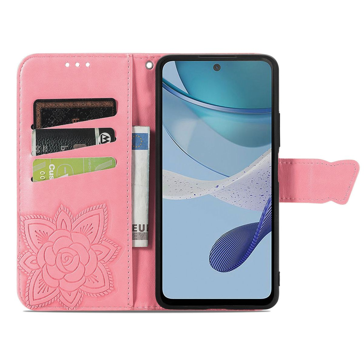 Rosa Handyhülle mit Telefon im Inneren. Fächer für Karten und Geld. Blumendesign in der Hülle.