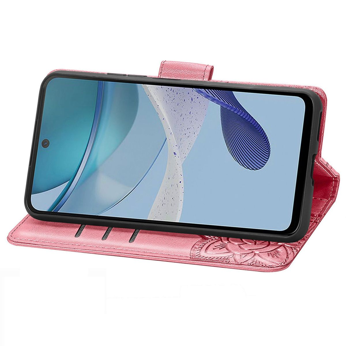Rosa Handyhülle offen, zeigt einen Telefonbildschirm mit blauem und weißem Design. Blumenmuster.