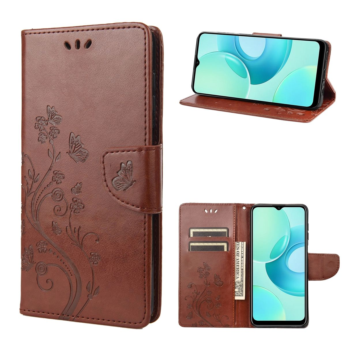 Braune Handyhülle, offen. Ein Telefon befindet sich in der Hülle, mit Karten- und Geldfächern.