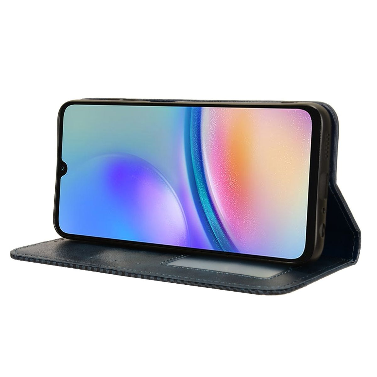Ein Telefon in einer blauen Brieftaschen-Hülle. Das Telefon steht aufrecht.