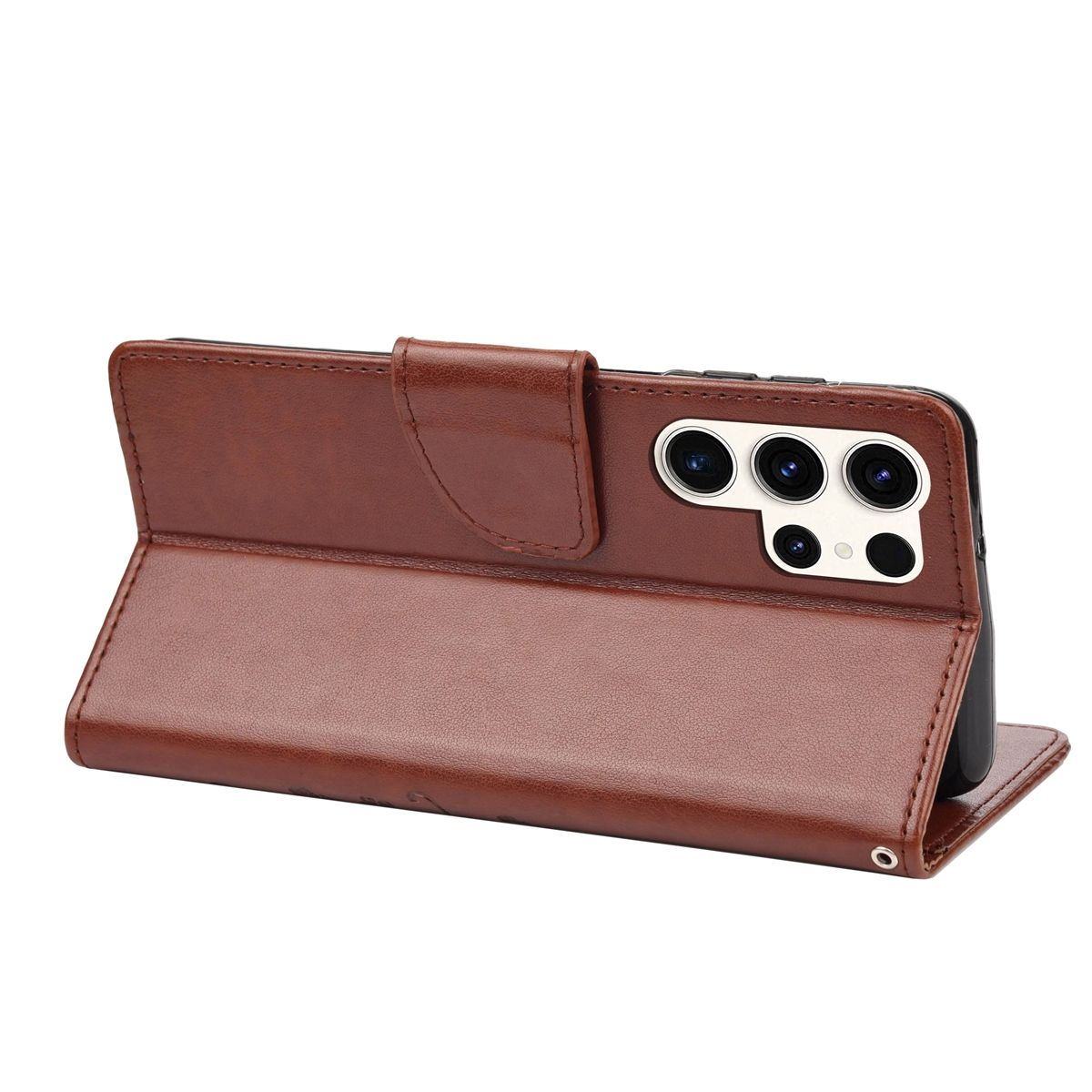 Braune Leder-Handyhülle mit Telefon darin. Die Hülle ist geöffnet und das Telefon steht.