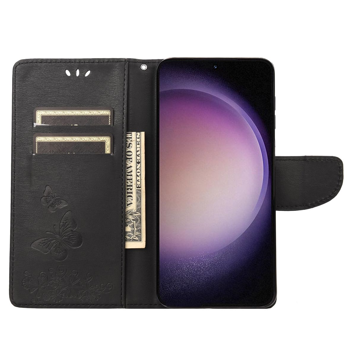 Geöffnete schwarze Handyhülle mit Telefon, Bargeld und Kartenfächern. Schmetterlingsdesign.