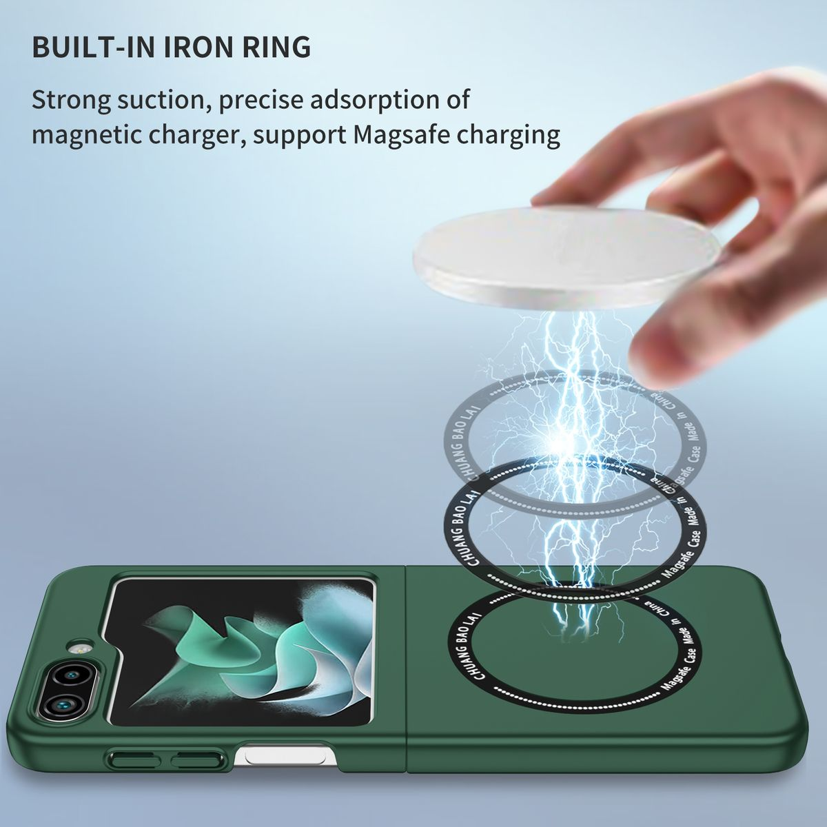 Grüne Handyhülle mit Magnetringen. Magnetisches Laden wird unterstützt.