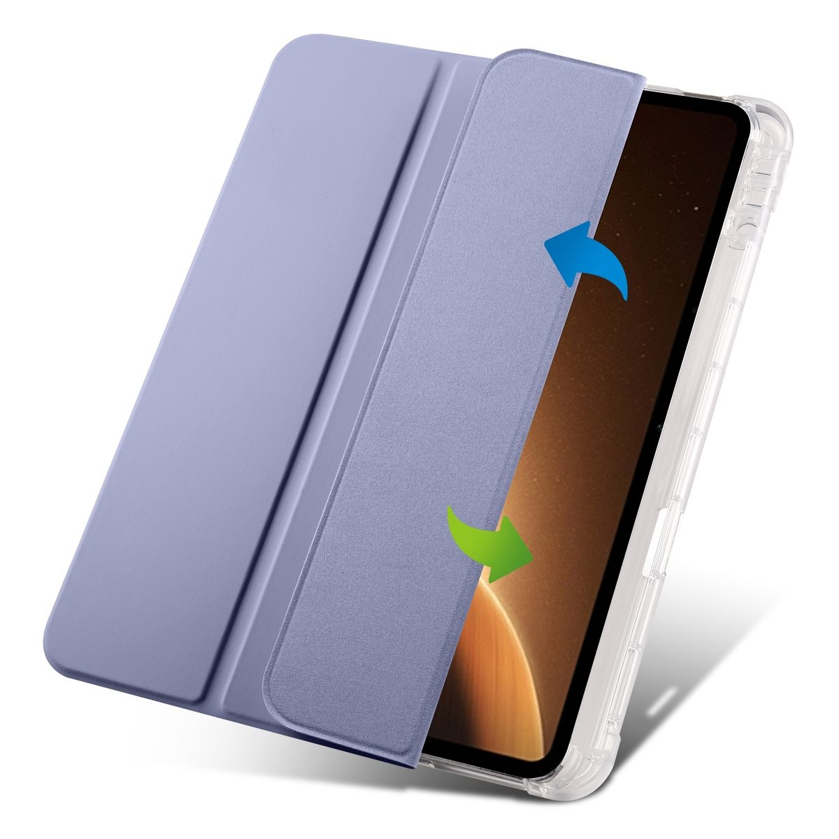 Blaue Tablet-Hülle, offen. Die Abdeckung wird über den Bildschirm gefaltet, mit Pfeilen, die die Faltbewegung zeigen.