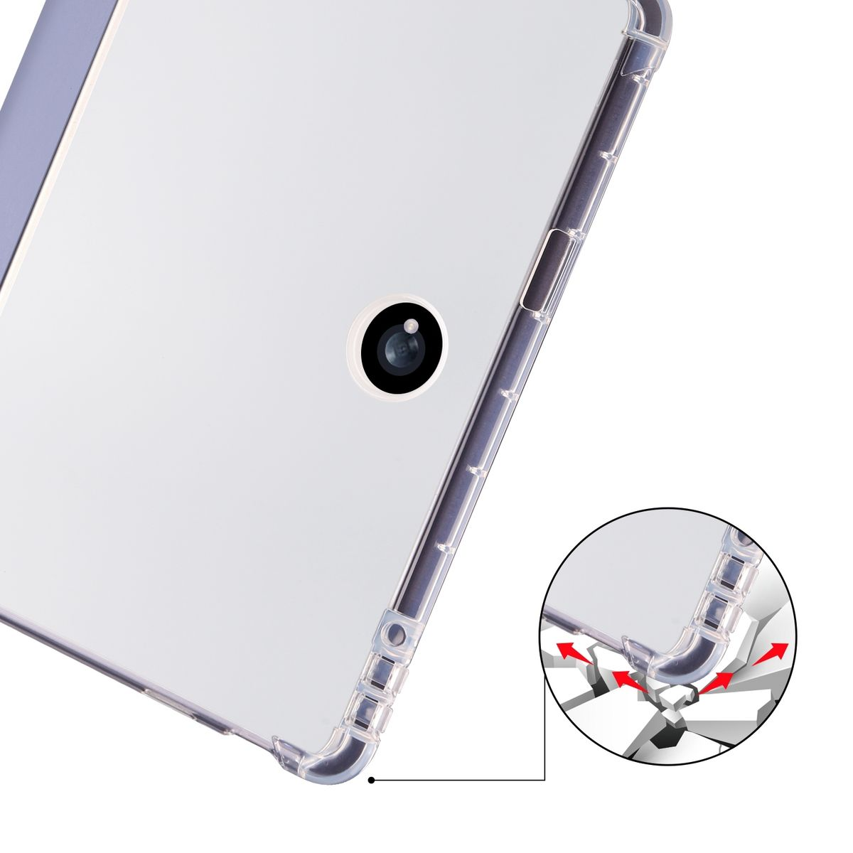 Ein Telefon mit einer transparenten Hülle, Nahaufnahme der Rückseite. Ein Diagramm zeigt den Aufprallschutz der Hülle.
