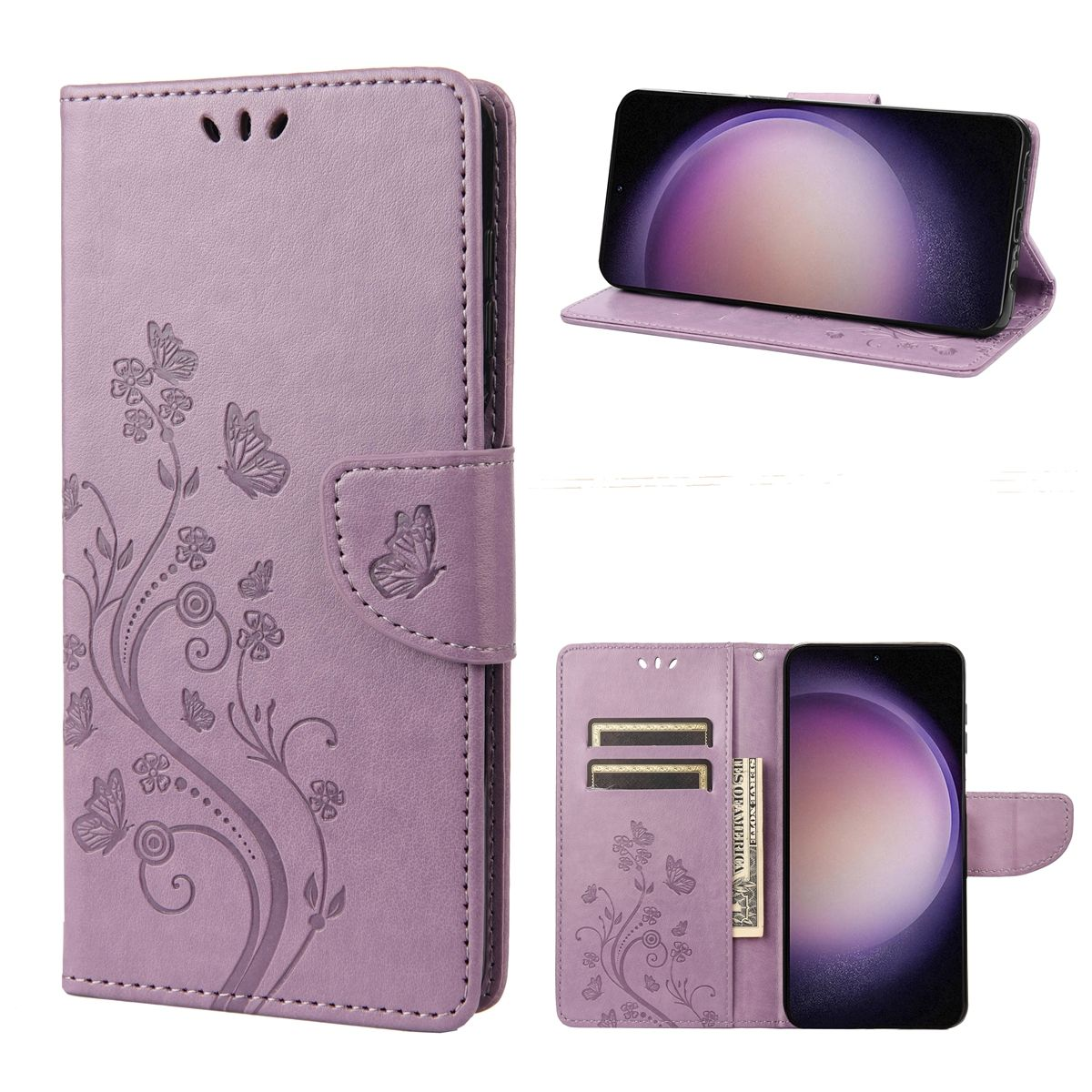 Lila Handyhülle mit Schmetterlings- und Blumendesign, auf weißem Grund mit Telefon.