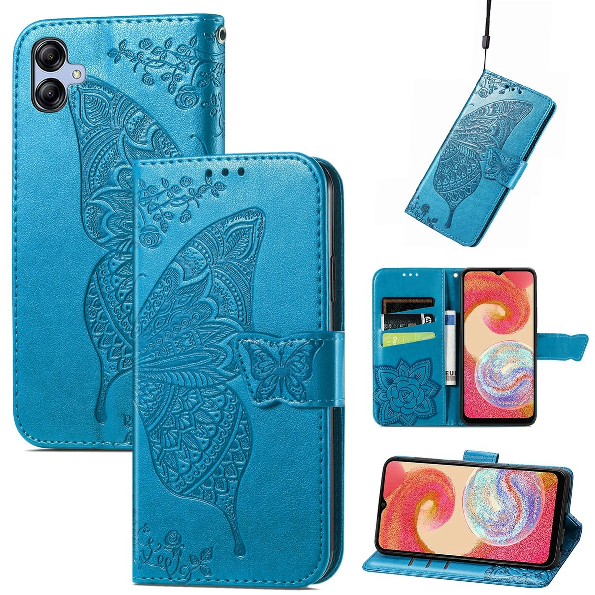 Blaue Handyhülle mit Schmetterlingsdesign, geöffnet, geschlossen und mit Ständer.