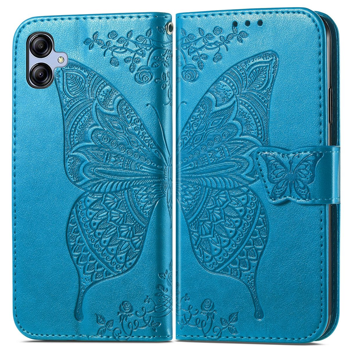 Blaue Handyhülle mit geprägtem Schmetterling. Geöffnet.