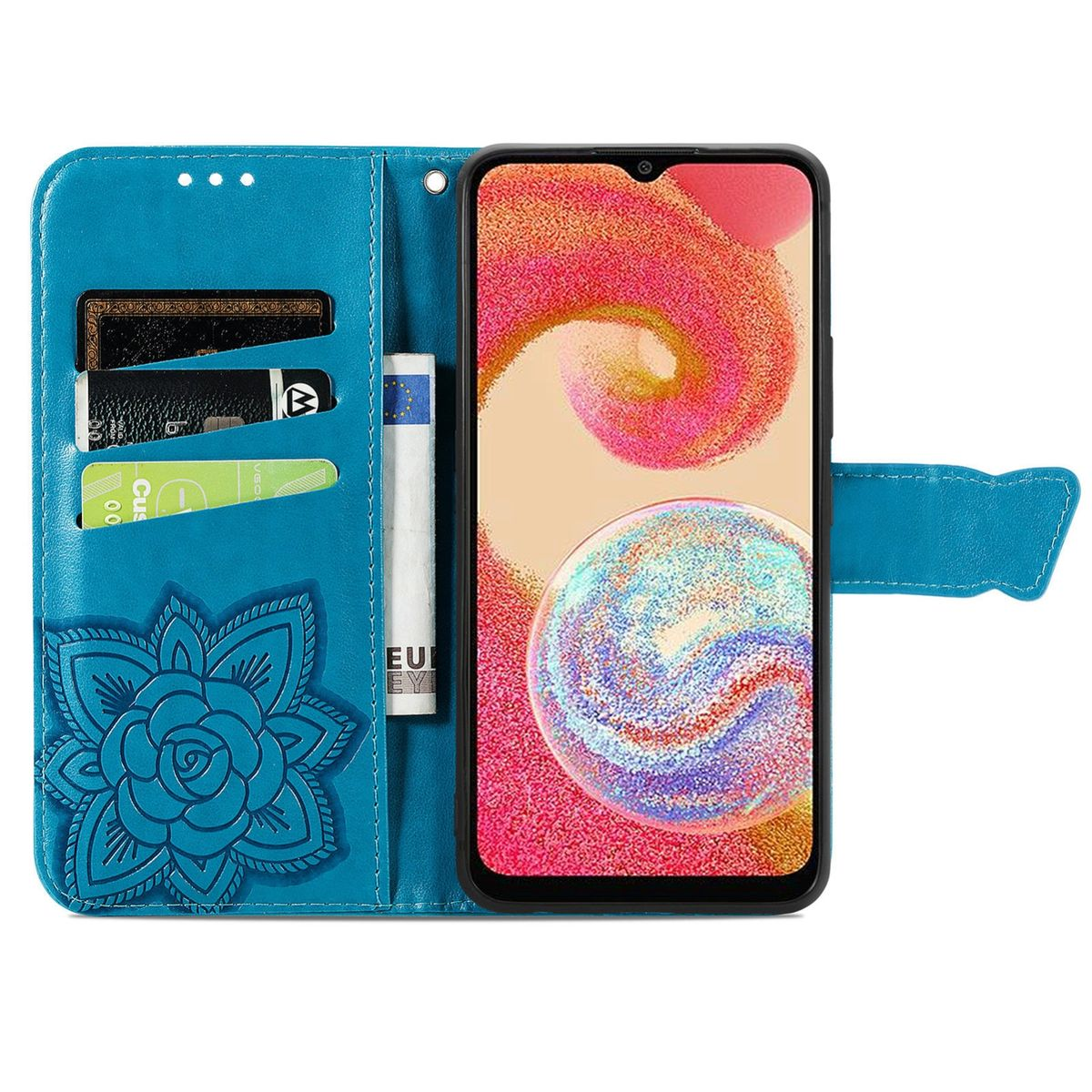 Blaue Handyhülle mit Blumen- und Kartenfächern. Das Telefon zeigt ein farbenfrohes abstraktes Bild.