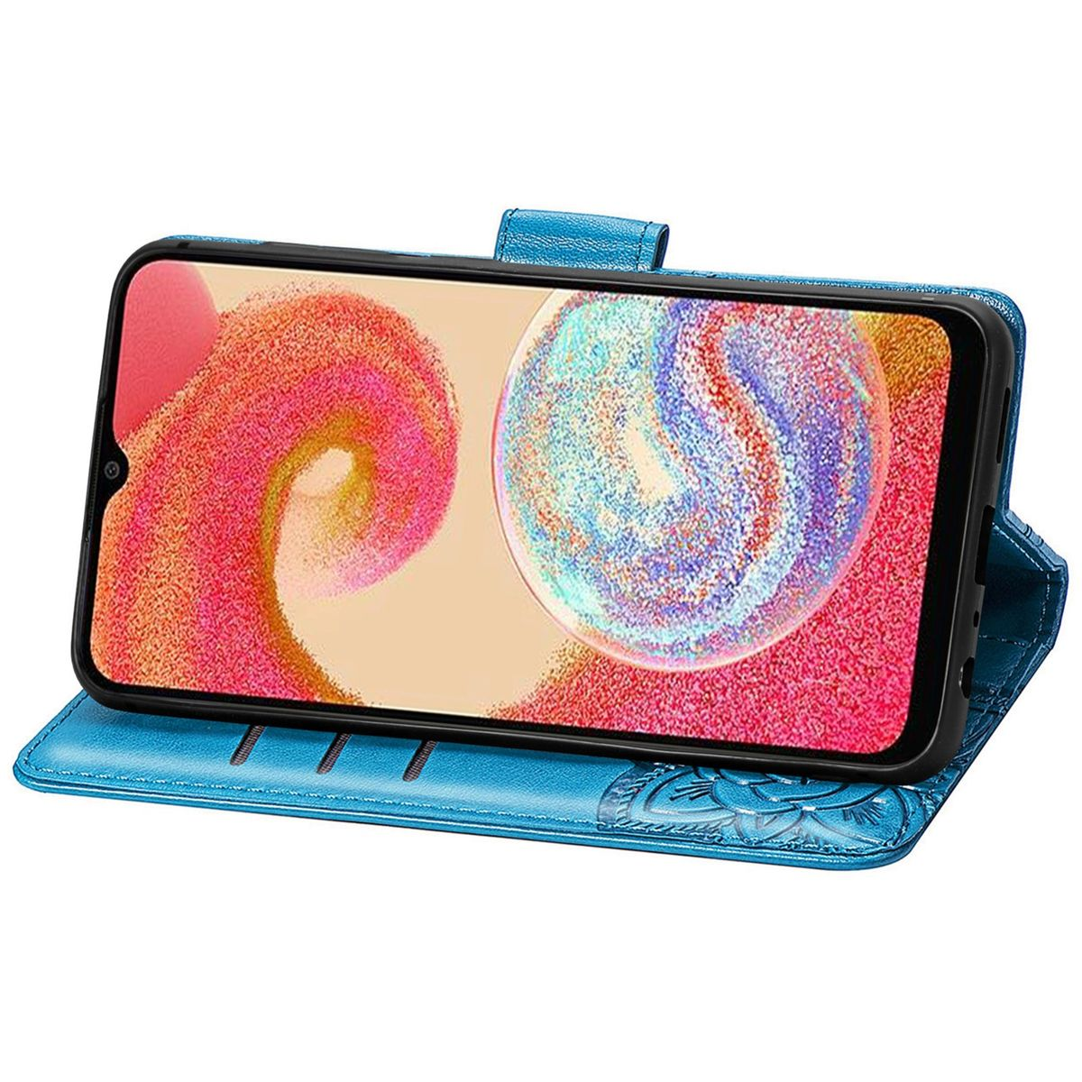 Blaue Handyhülle mit offenem Telefon. Der Bildschirm zeigt ein farbenfrohes Design.