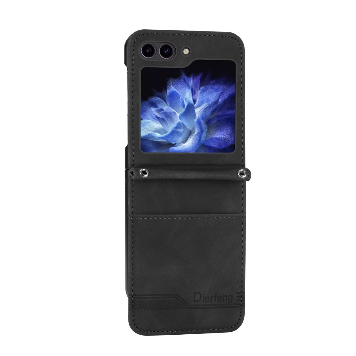 Schwarze Handyhülle mit offener Vorderseite, die den Telefonbildschirm mit einem blauen Blumenbild zeigt.