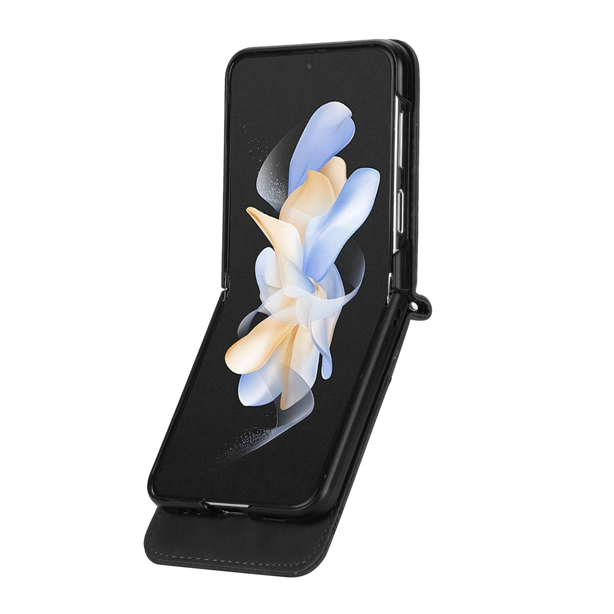 Ein schwarzes Telefon in einer Hülle, geöffnet und aufgestellt, das ein blaues und weißes abstraktes Bild zeigt.