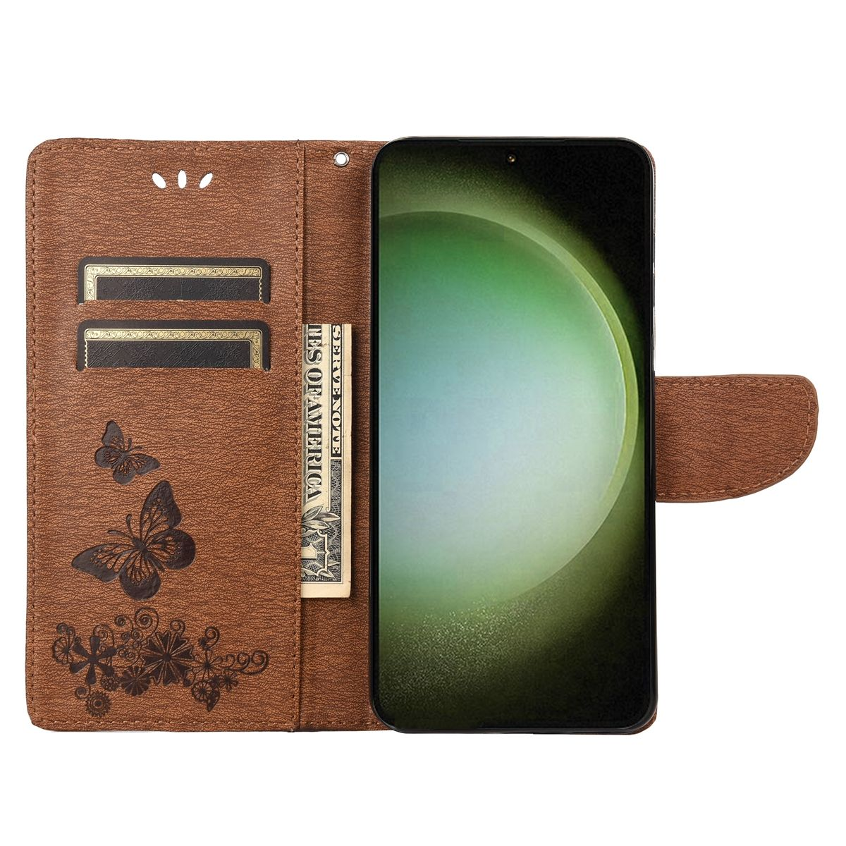 Braunes Telefon-Portemonnaie mit Schmetterlingsdesign. Telefon rechts, Bargeld und Karten im Portemonnaie.