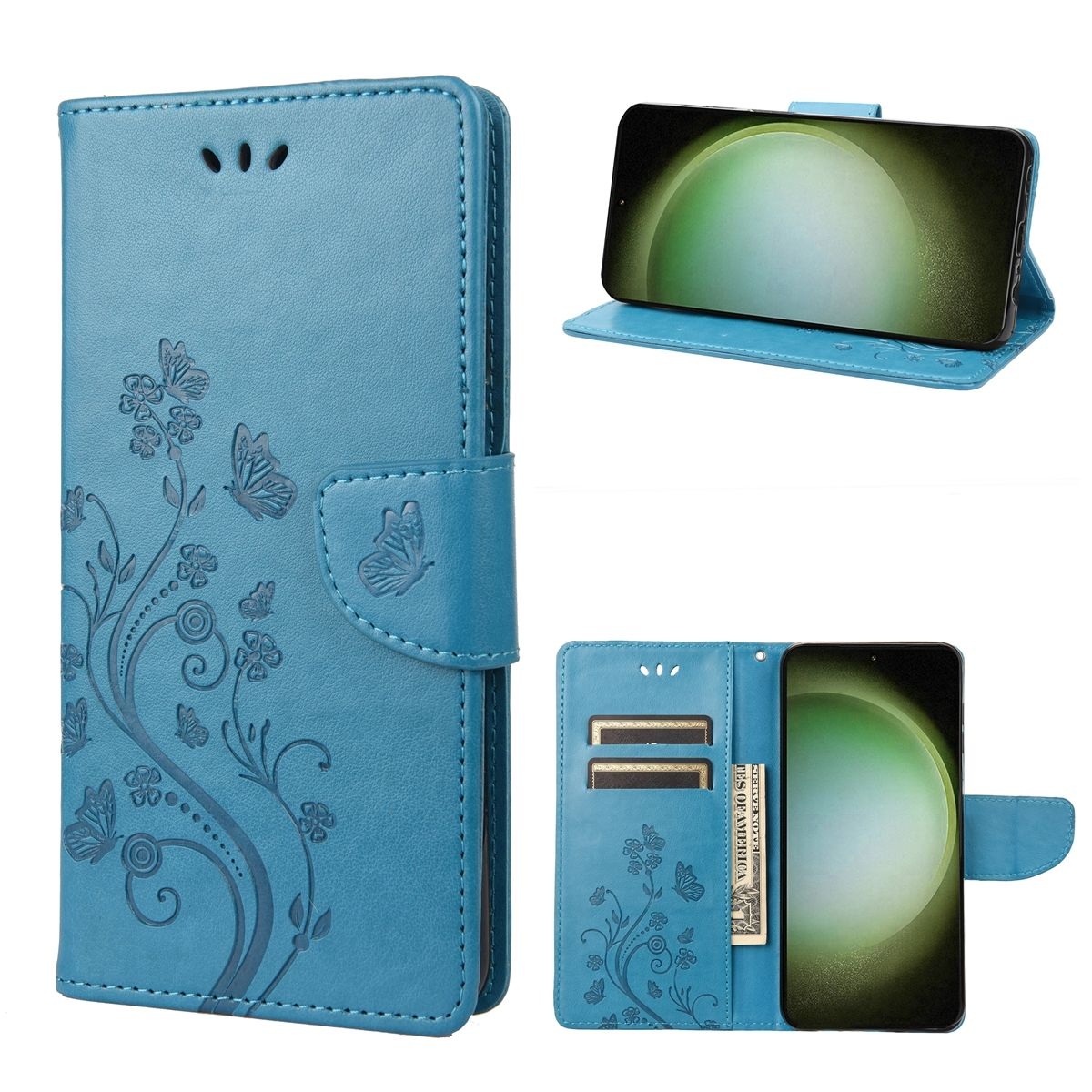 Blaue Handyhülle mit Schmetterling- und Blumendesign. Geöffnet, zeigt Telefon und Kartenfächer.