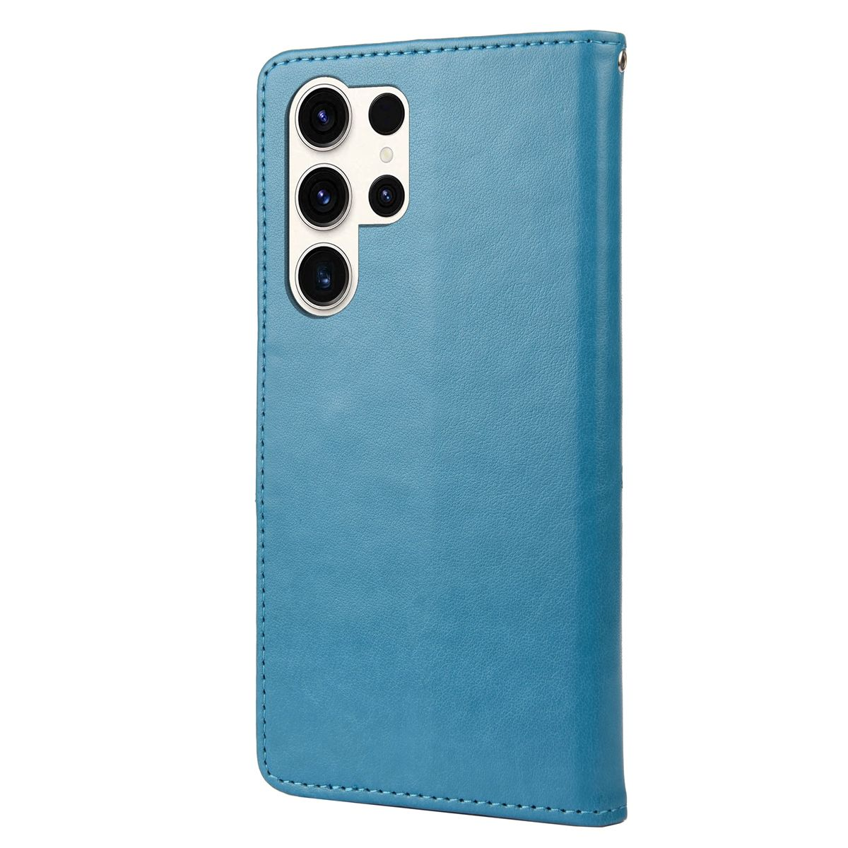 Blaue Telefon-Brieftasche. Geschlossene Ansicht. Zeigt die Rückseite des Telefons. Mehrere Kameras.