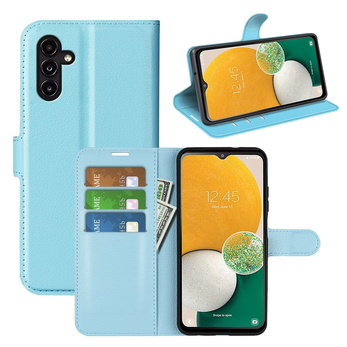 Blaue Handyhülle mit einem Telefon, das eine Anzeige zeigt. Der Hintergrund ist weiß.