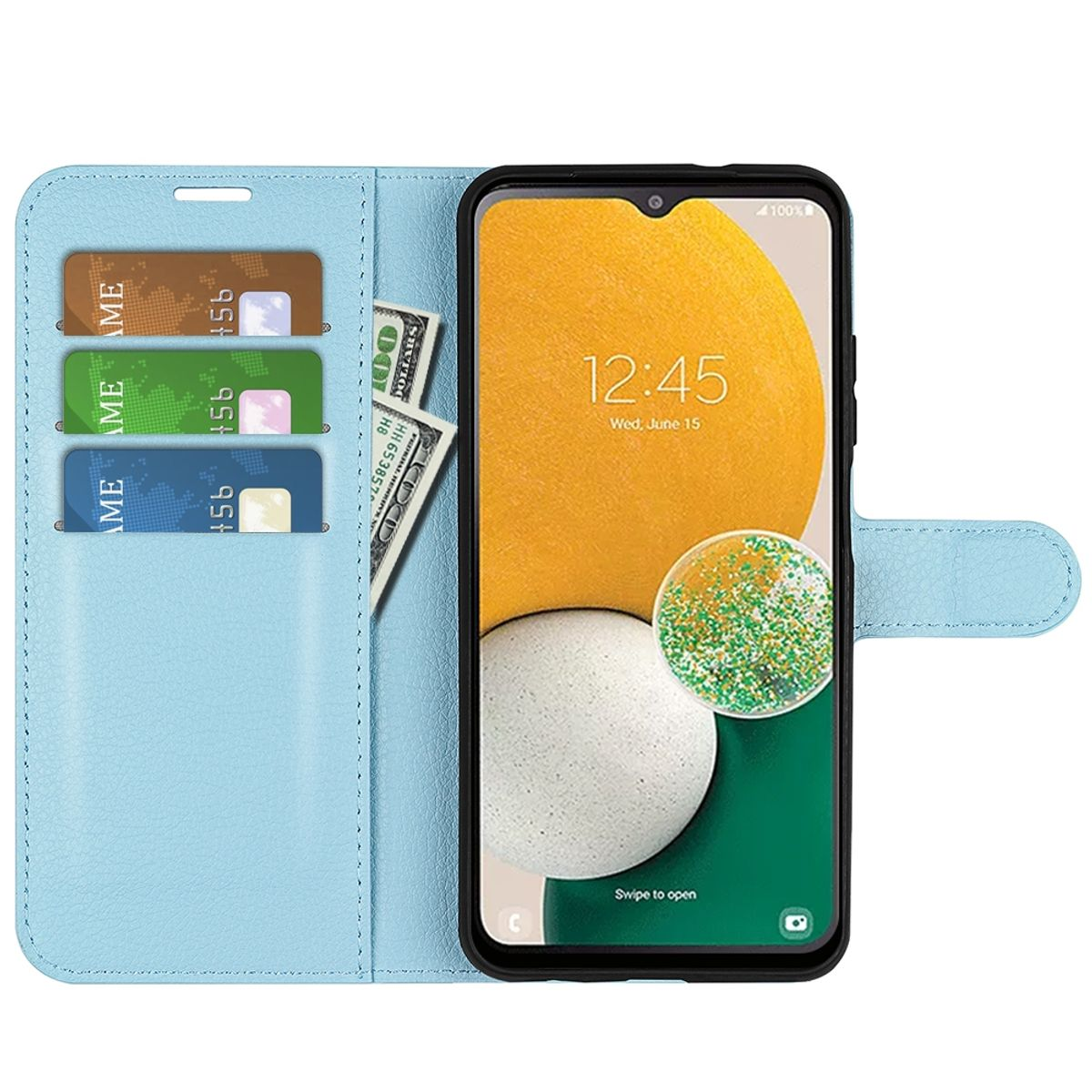 Eine hellblaue Handyhülle ist geöffnet und zeigt ein Telefon mit angezeigter Uhrzeit. Es gibt Kartenfächer und eine Geldtasche.