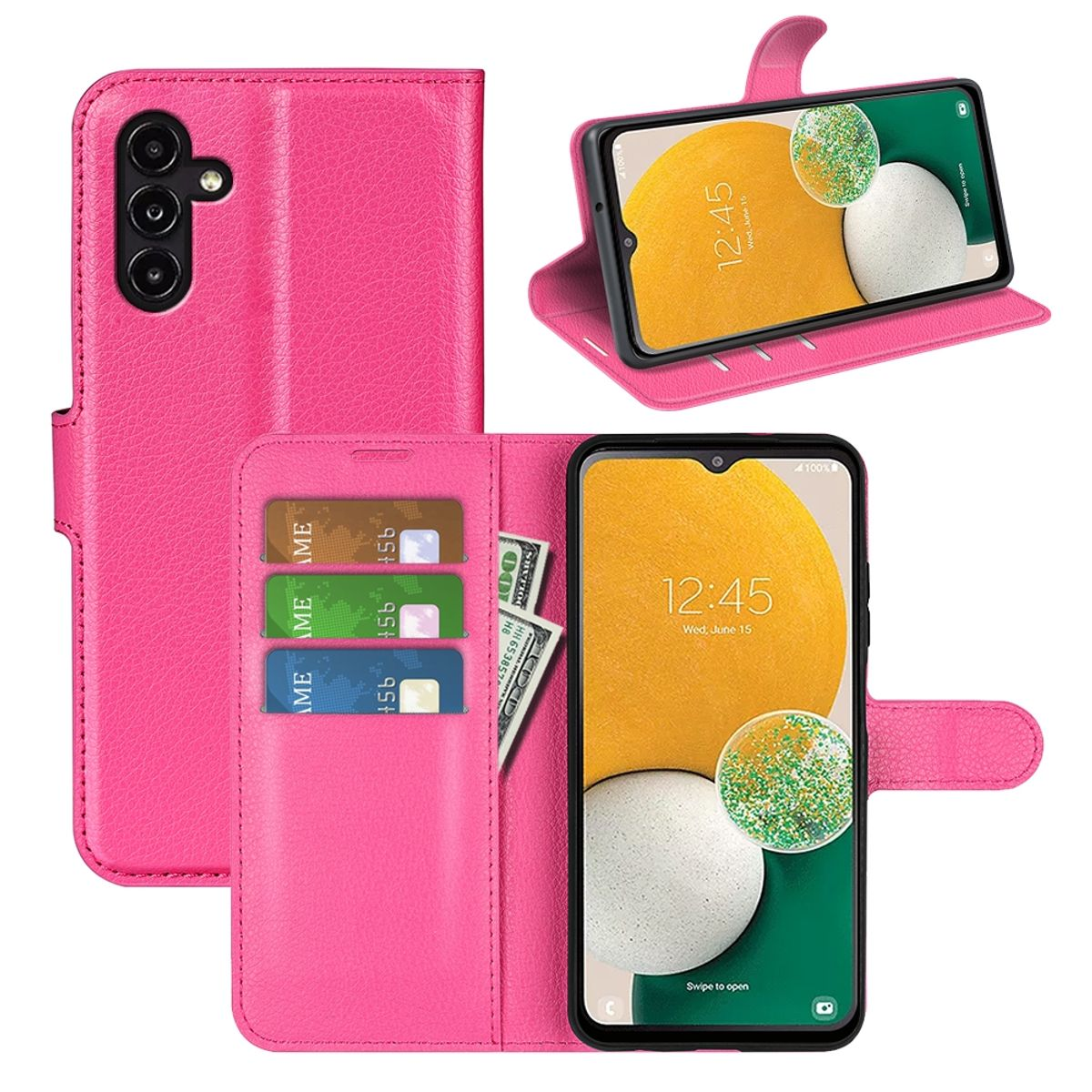 Rosa Handyhülle mit Telefon. Zeigt Uhrzeit. Enthält Kartenfächer und Bargeld.