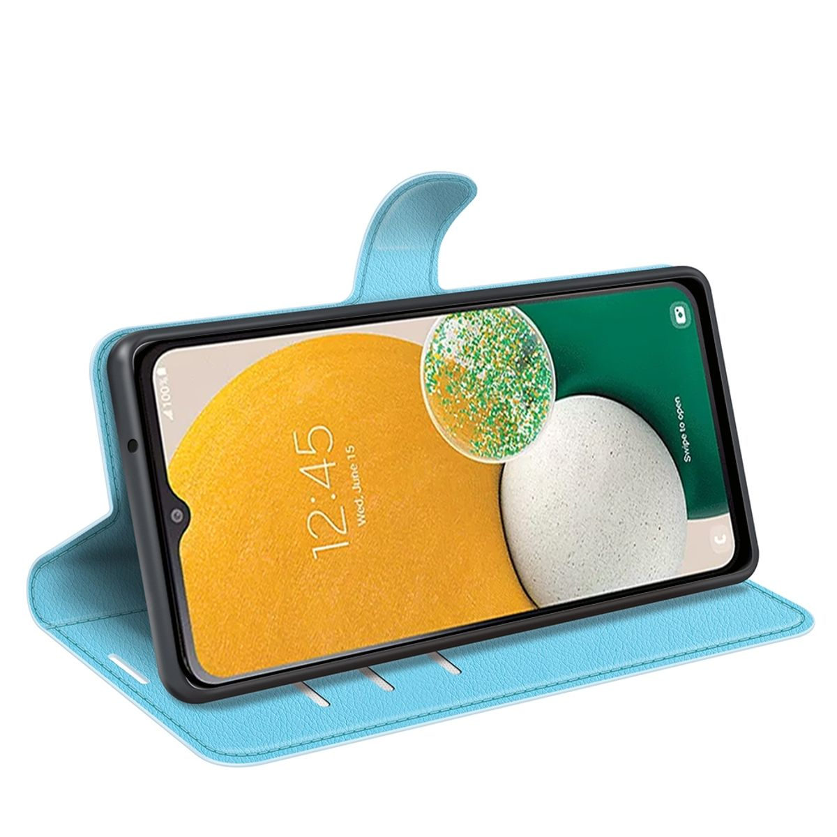 Hellblaue Handyhülle mit Telefon. Das Telefon ist offen und zeigt ein Bild.