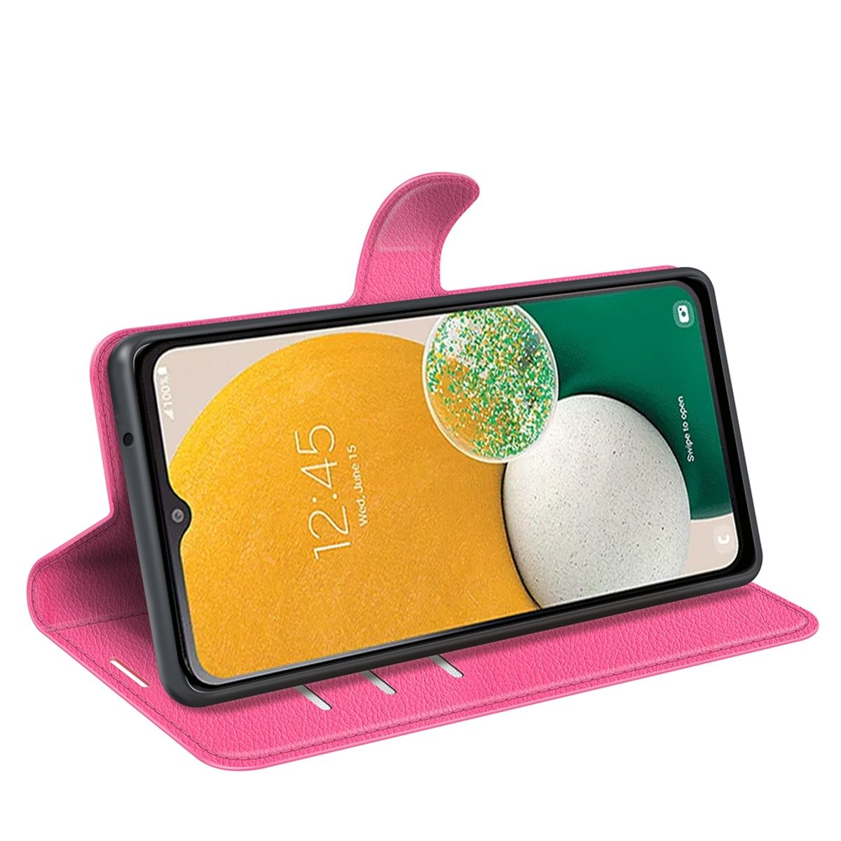 Eine rosa Handyhülle mit einem Telefon darin, das die Uhrzeit und einen bunten Hintergrund anzeigt.