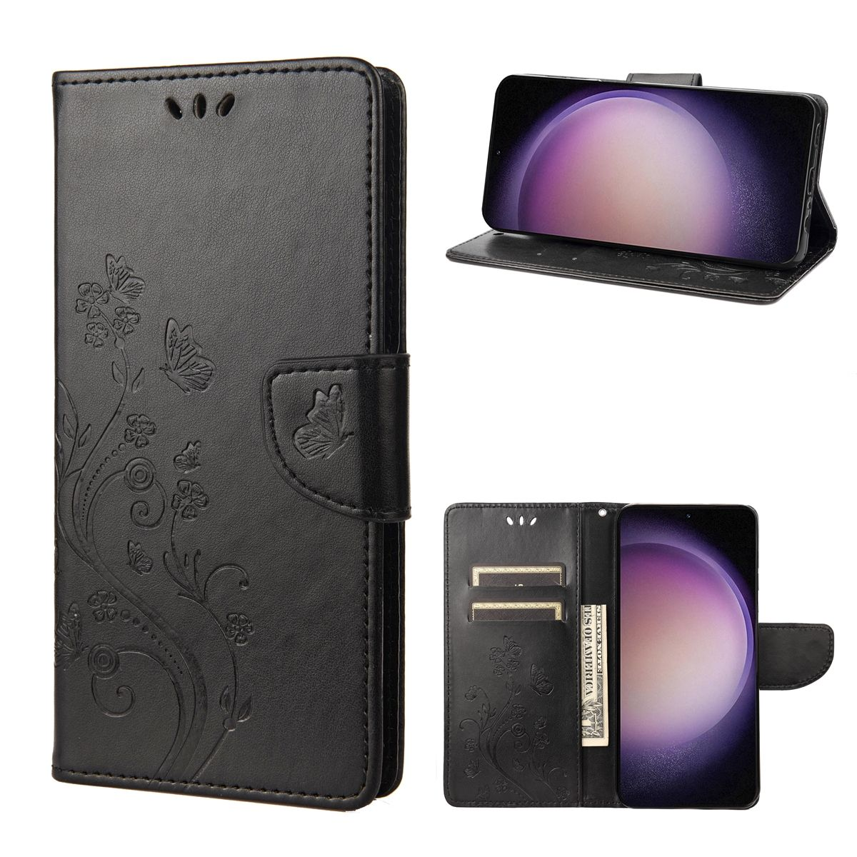 Schwarze Handyhülle mit Schmetterlingsdesign. Telefon ist drin. Ein weiteres Telefonbild befindet sich rechts.