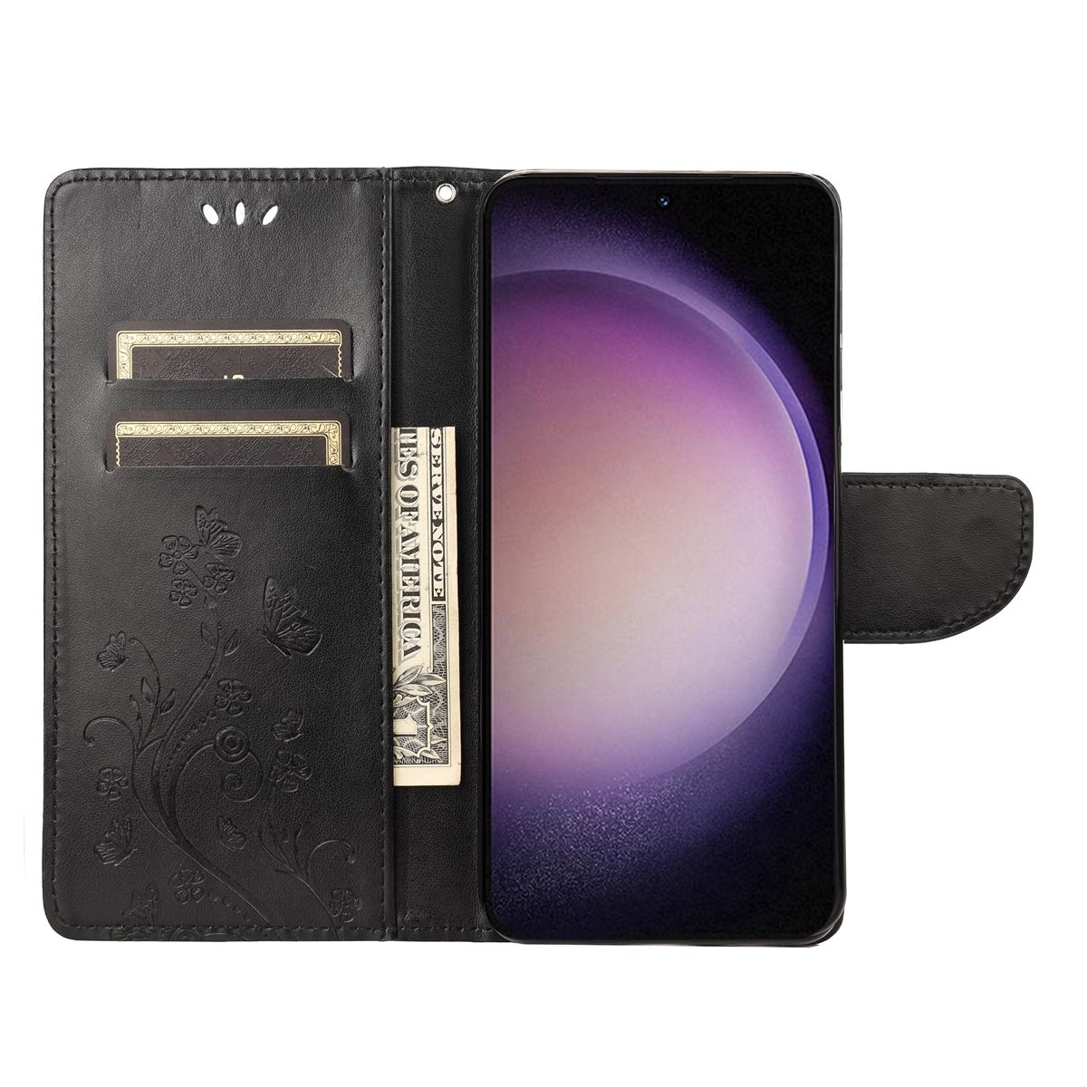 Schwarze Handyhülle offen, mit Telefon und Geld. Blumendesign links.