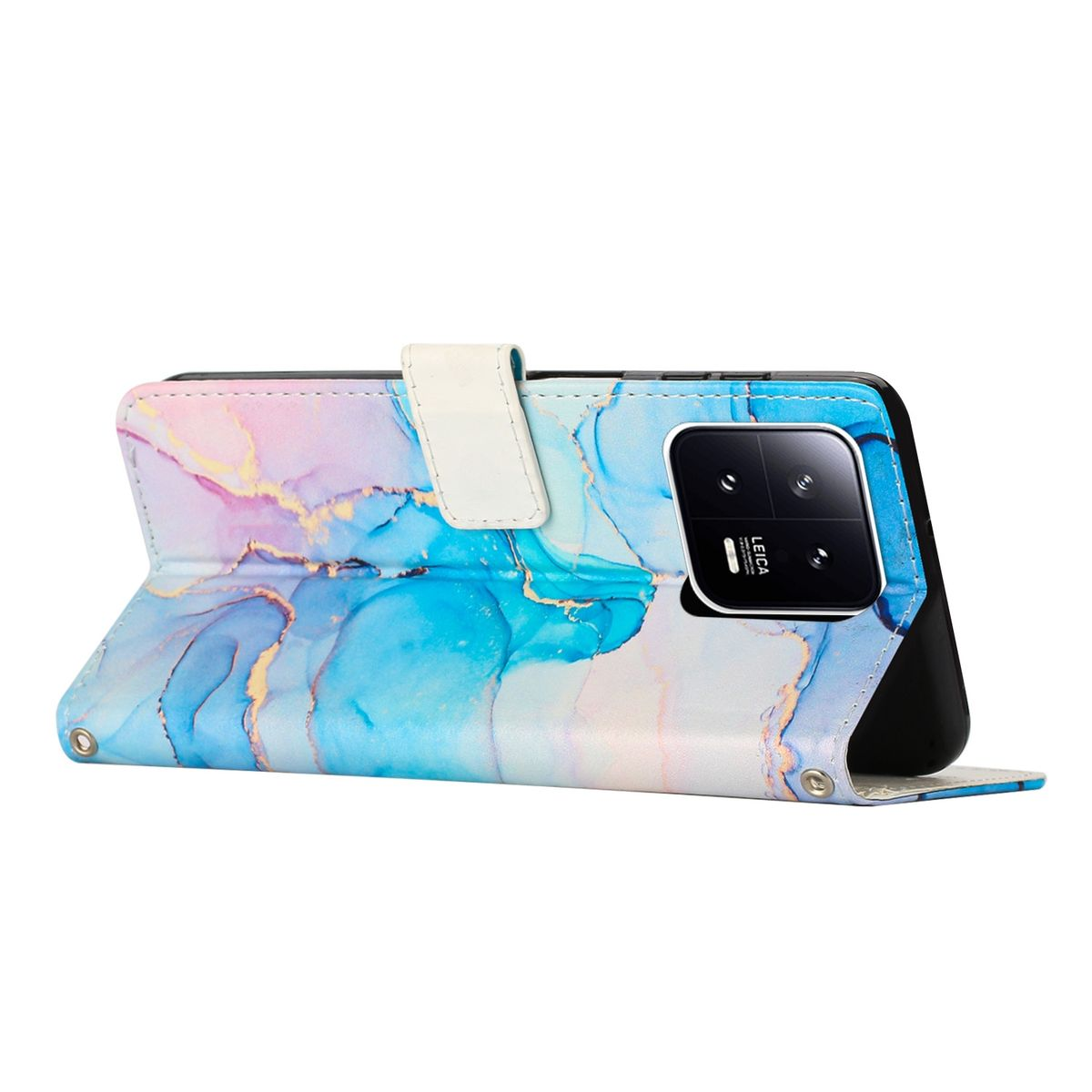 Telefon in einer geöffneten Geldbörsenhülle mit farbenfrohem künstlerischen Design. Die Hülle hat einen weißen Verschluss.