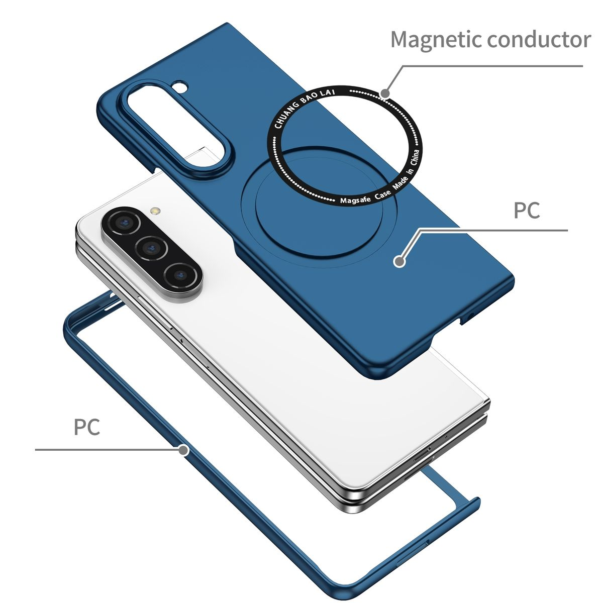 Explosionsansicht einer Handyhülle mit einer blauen Außenschale, einem weißen Telefon und einem schwarzen Magnetring.