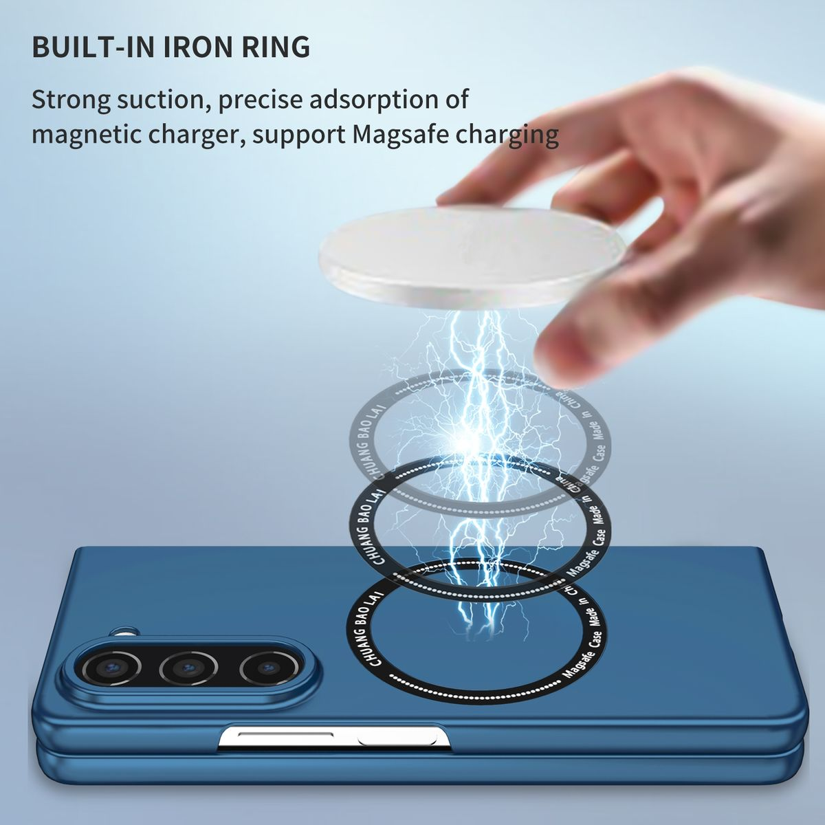 Eine blaue Handyhülle mit Ringen und einem Telefon. Das Telefon ist blau, Ringe umgeben es.