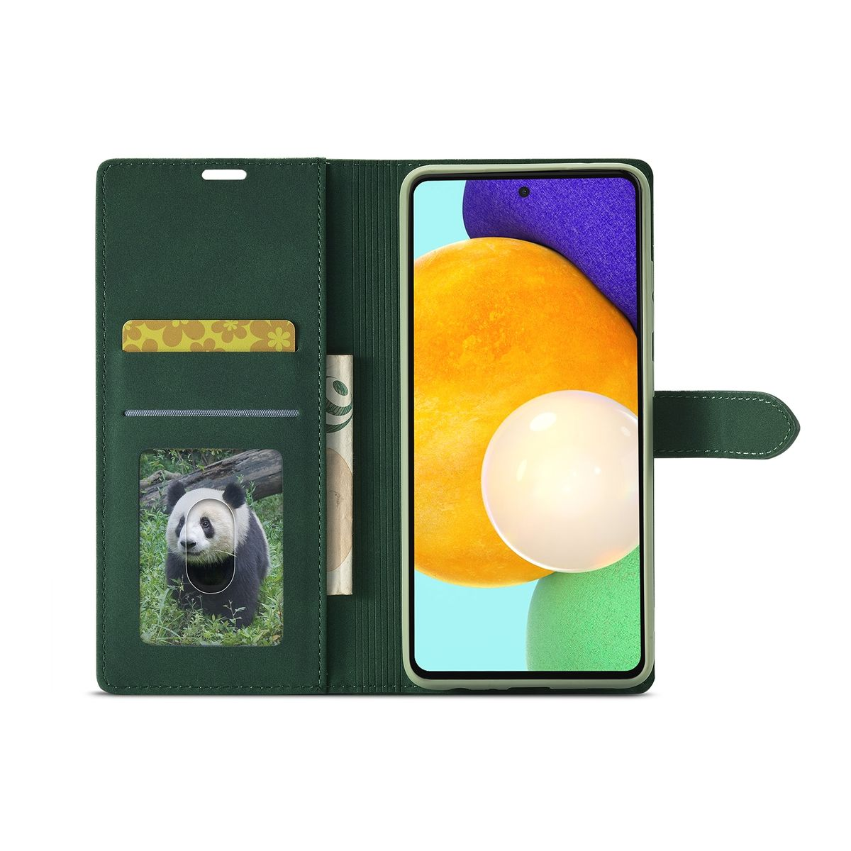Grüne Handyhülle offen mit Telefon. Panda-Foto im Kartenfach. Geld sichtbar.