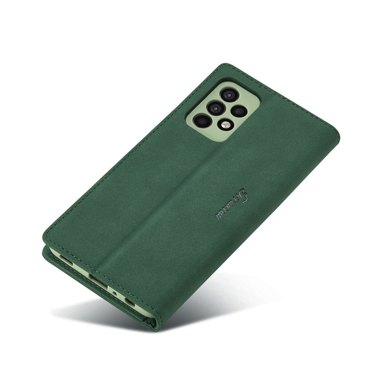 Grüne Handyhülle mit Telefon. Die Hülle hat eine strukturierte Oberfläche, Kamera sichtbar.
