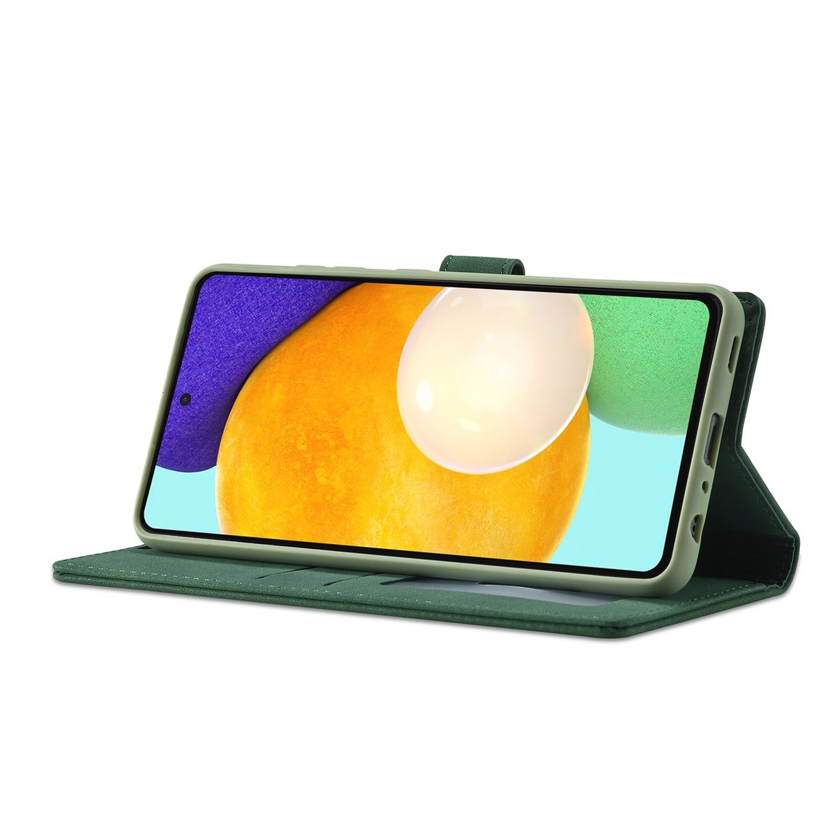 Grüne Handyhülle mit Telefon. Das Telefon zeigt ein Display mit blauem und gelbem Hintergrund.
