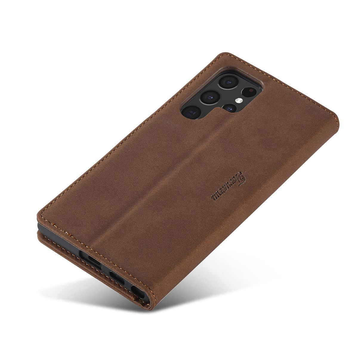 Braune Leder-Handyhülle mit Telefon im Inneren. Handyhülle ist geschlossen.